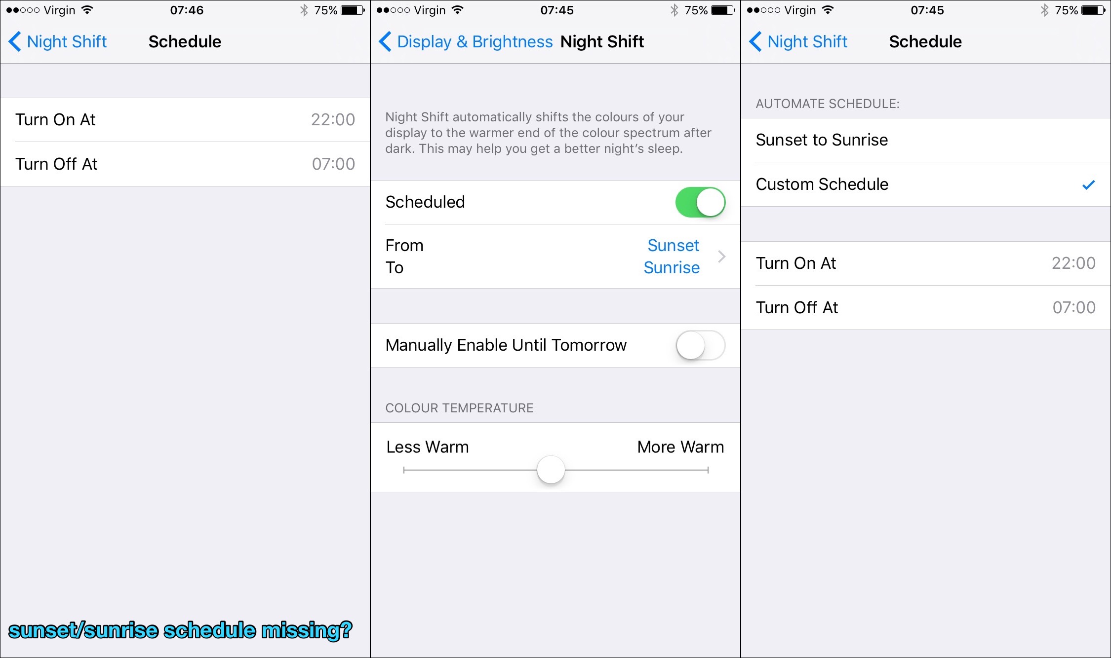 Night Shift automatic Sunrise/Sunset schedule missing in iOS 9.3? Here