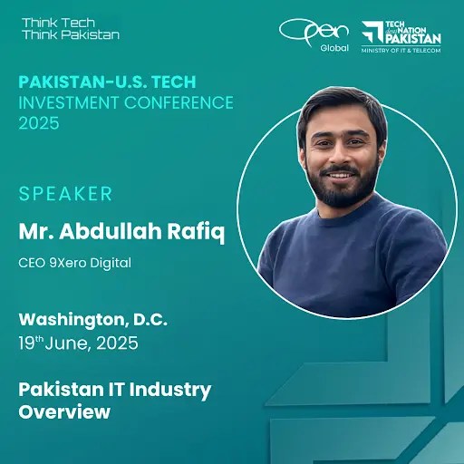 Mr. Abdullah Rafiq, CEO of 9xero Digital, speaking at Pakistan-U.S. Tech Conference 2025.