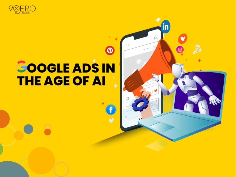 Google Ads and AI in 2025 showing robot with laptop and digital marketing icons