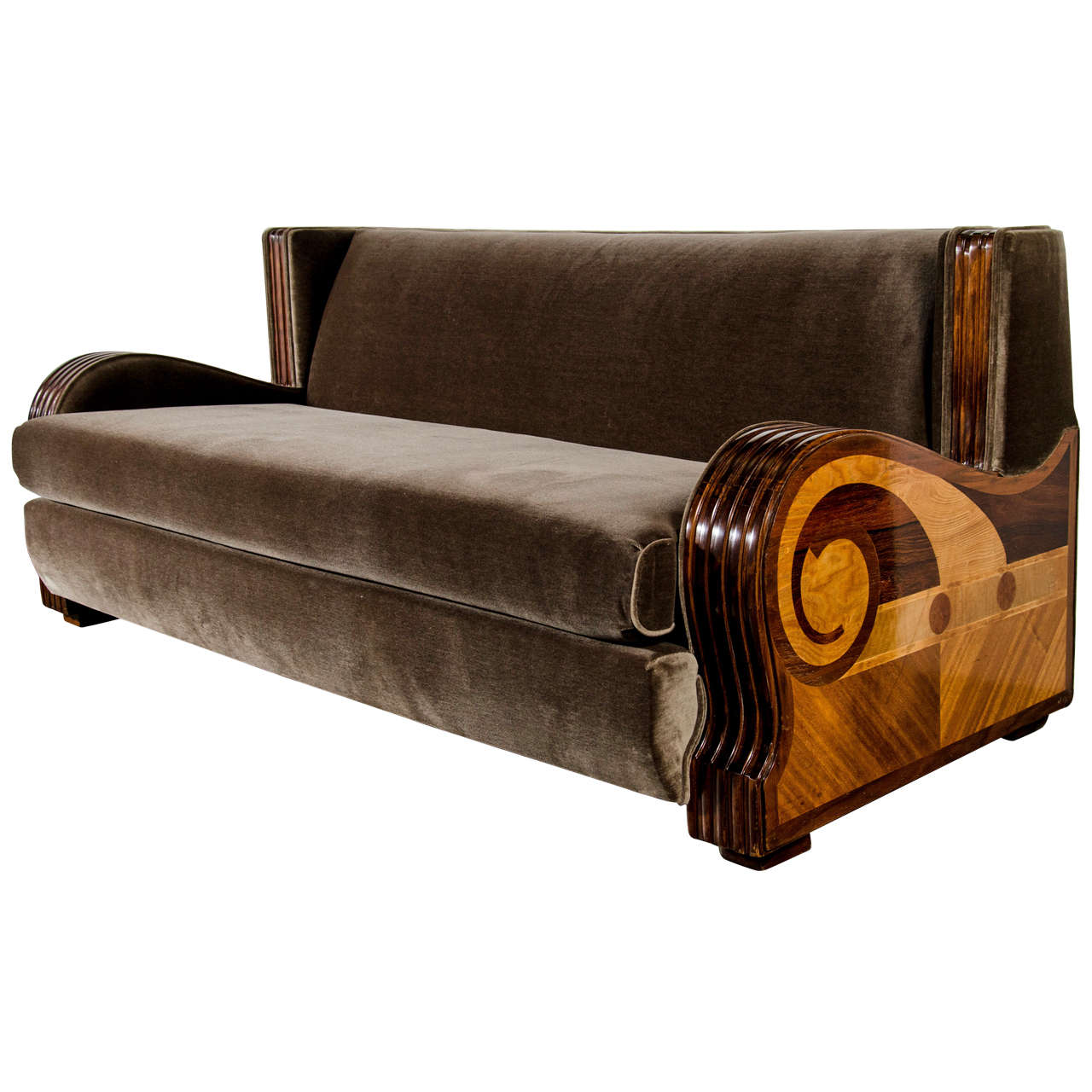 We proudly introduce the art deco 2 sofa in velvet, with a brushed brass toe kick. Exceptional Streamlined Art Deco Sofa with Exotic Wood Inlay at 1stdibs