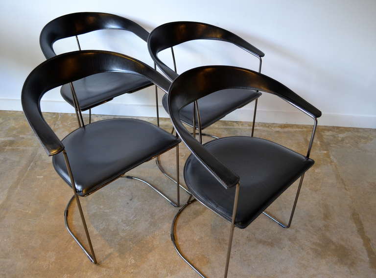 2021 marcel breuer for knoll spoleto b33 black leather and chrome dining chair. four black leather and gun metal chrome dining chairs by ...