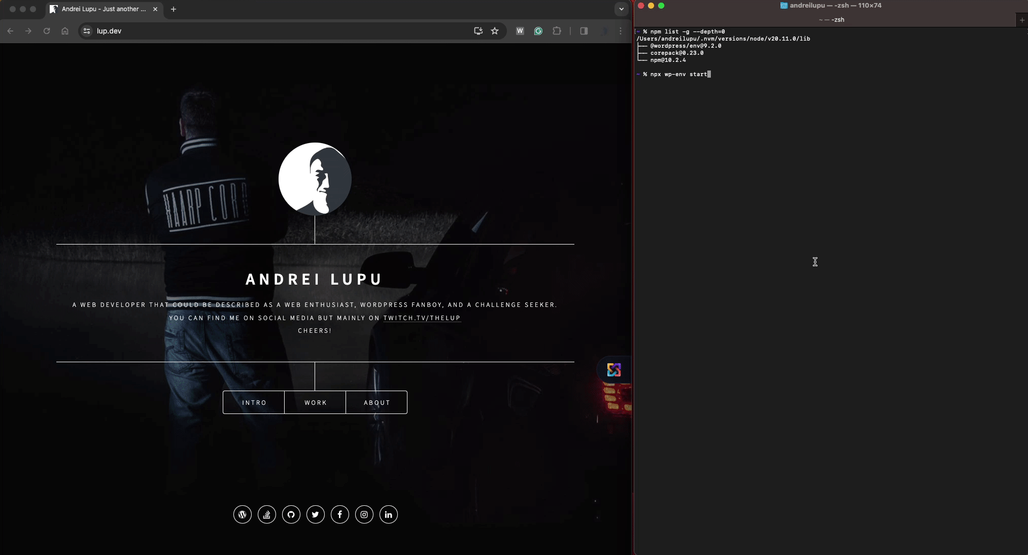 A gif displaying how you can start a WordPress instance with wordpress-env.