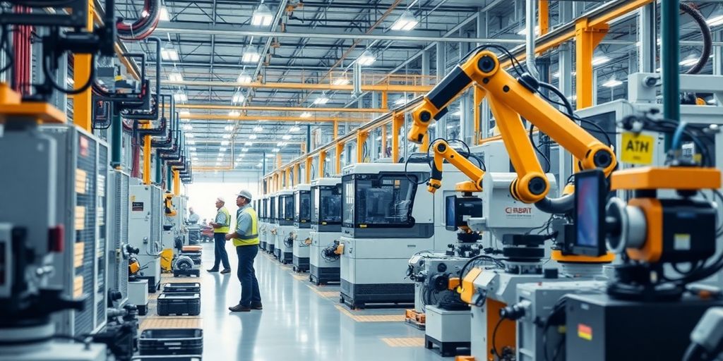 Robotics and workers collaborating on a modern factory floor.