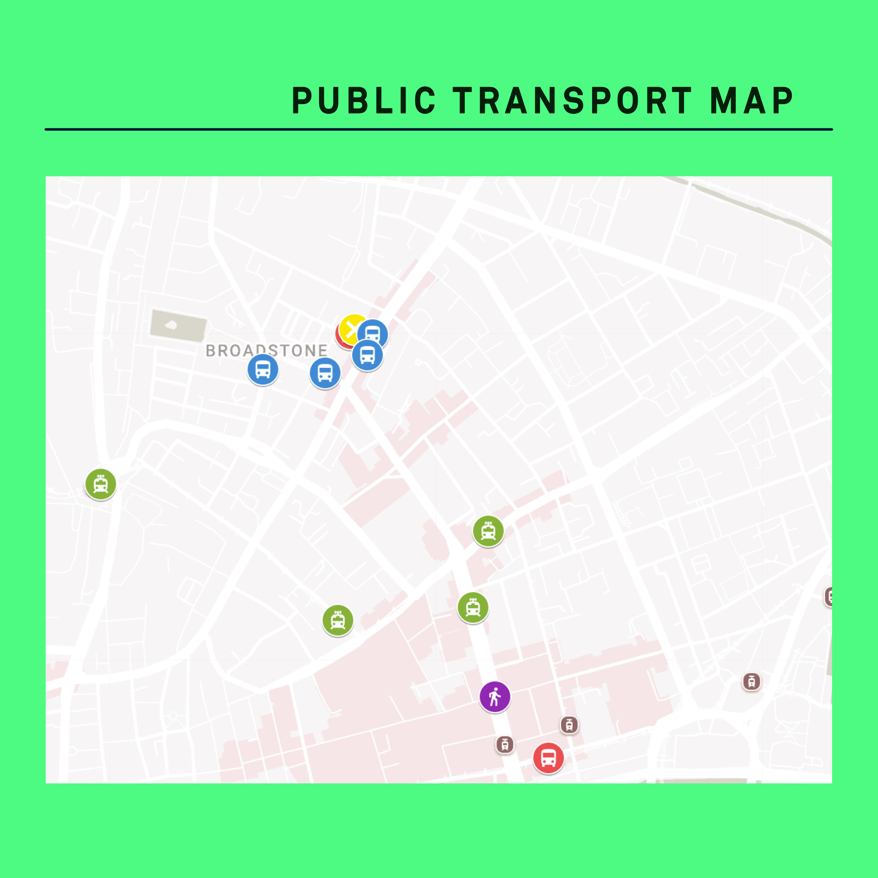A Square profile image used as a graphic link to a map of nearby public transport routes and stops for A4 Sounds. It is green with a screen grab of the map in the centre. At the top text reads Public Transport Map.