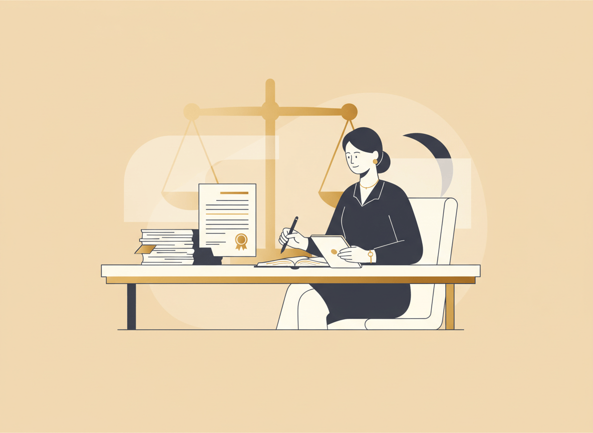 Professional reviewing and organizing legal documents at a desk.