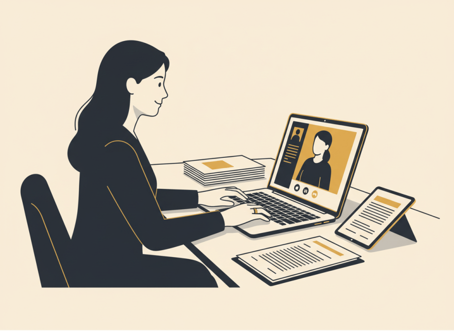 Professional conducting a remote online notarization by secure video call.