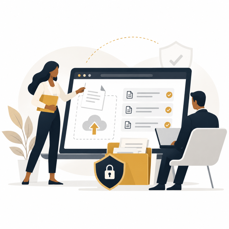 Simplified professional figures using a secure document portal with upload, folder, and lock symbols.