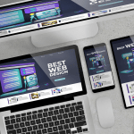 Responsive web design examples with Source code shown by devices by 3d rendering