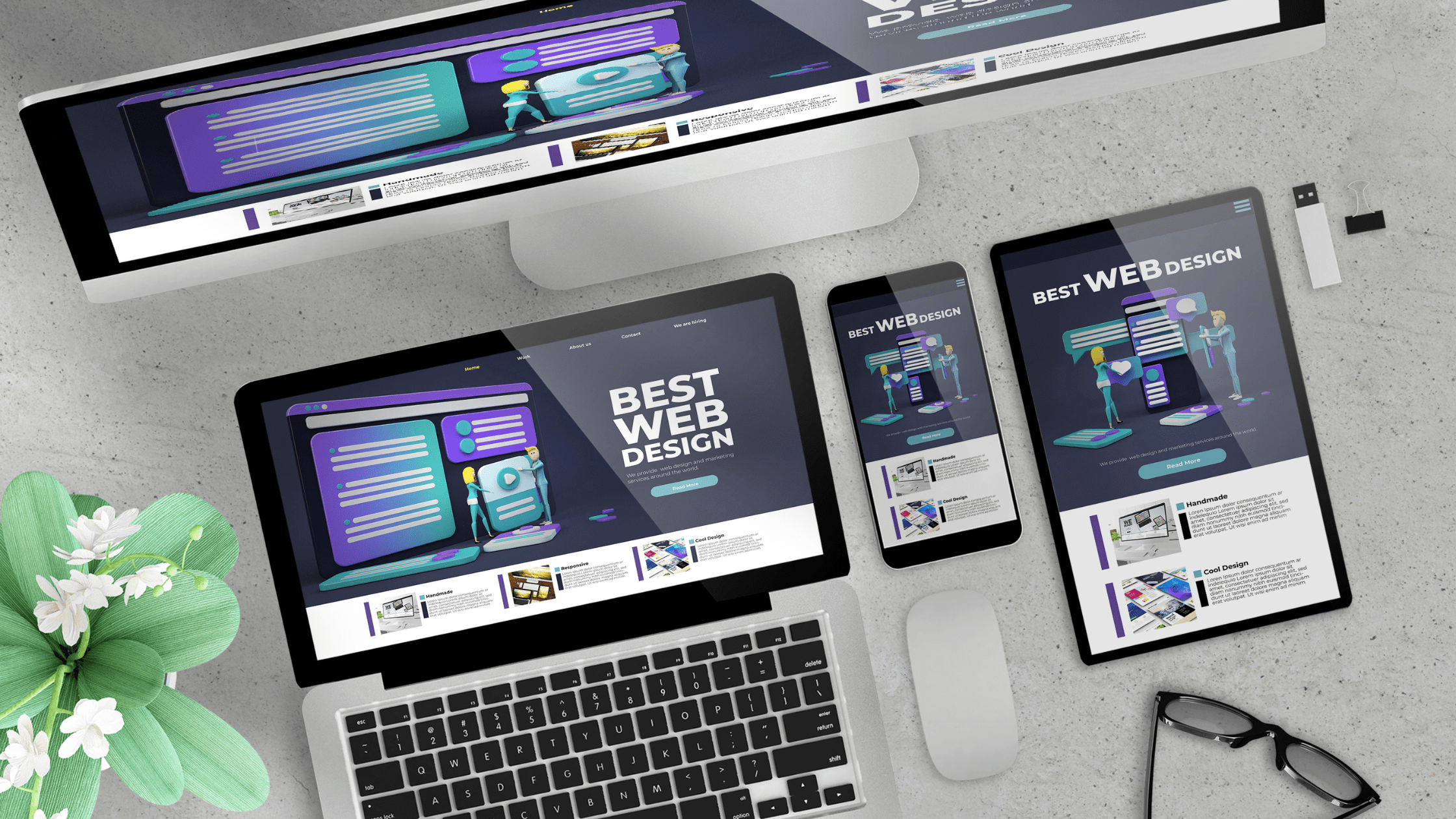 Responsive web design examples with Source code shown by devices by 3d rendering