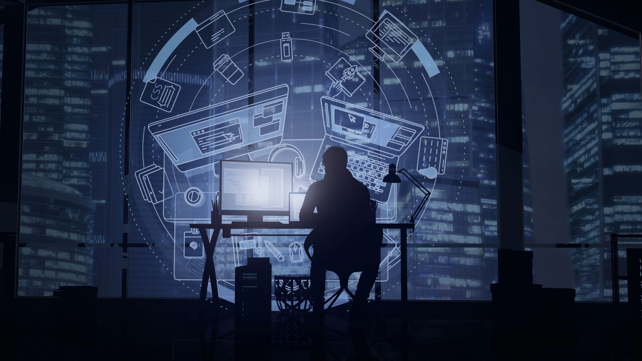 web developer portfolio being built by the silhouette of a programmer