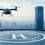 Black helicopter hovering above a rooftop helipad with a sprawling city skyline in the background.