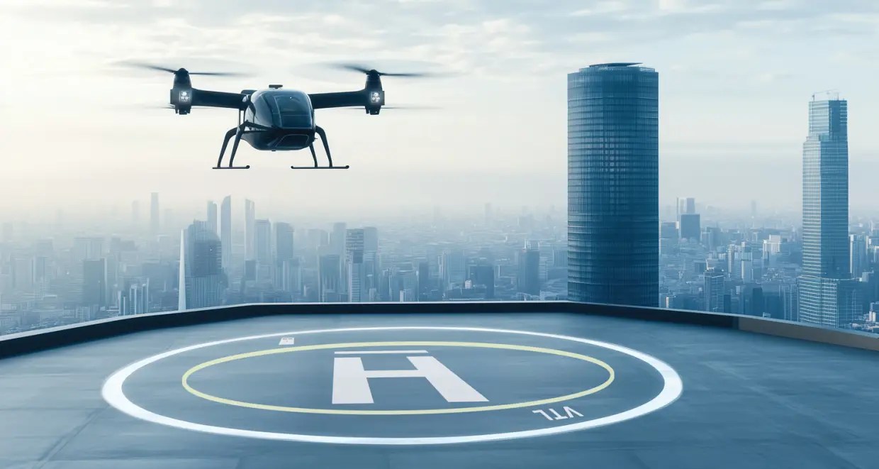 Black helicopter hovering above a rooftop helipad with a sprawling city skyline in the background.
