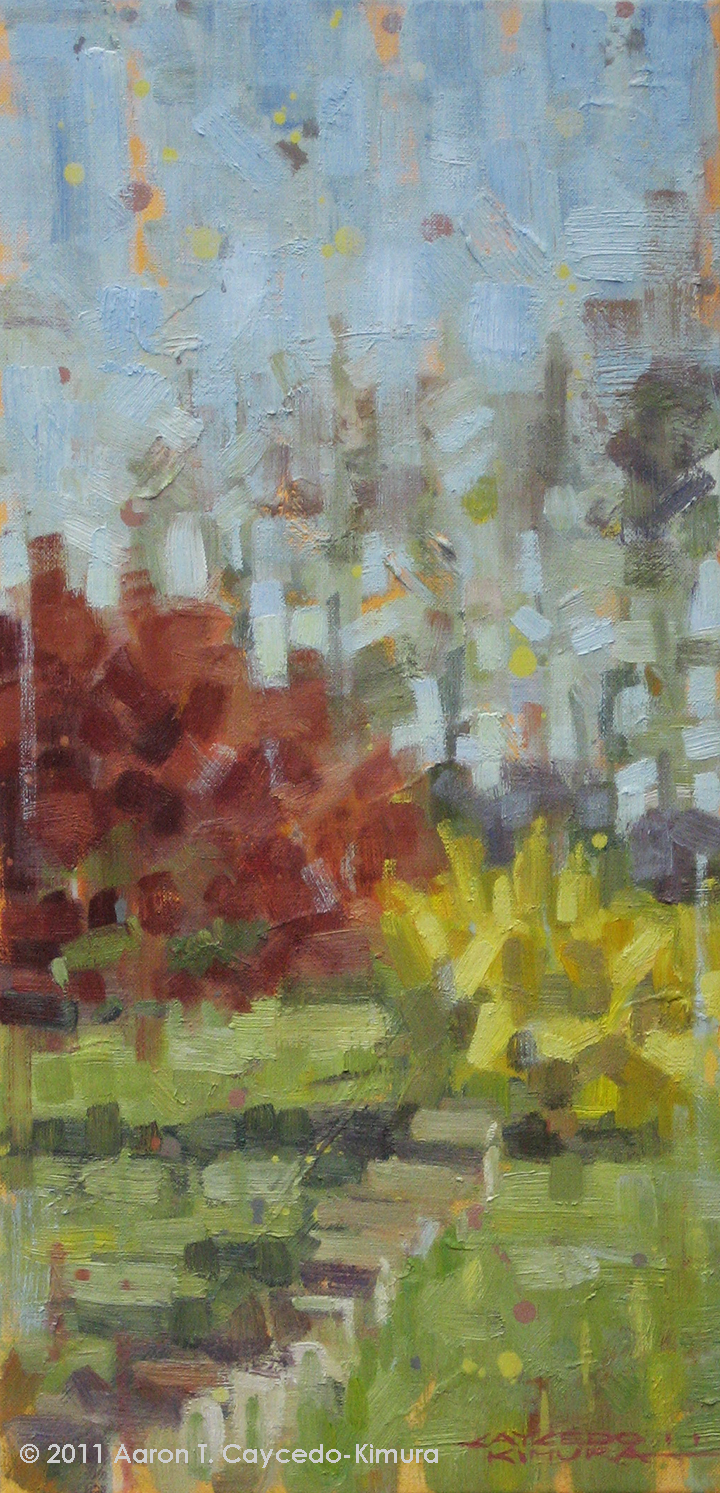 Japanese Maple & Forsythia. Oil on Canvas. 24" x 12".