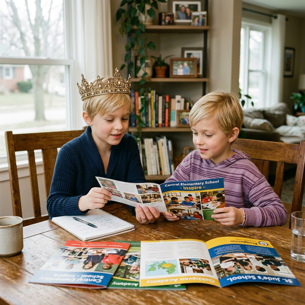 Mother and daughter examining school brochures at a wooden table