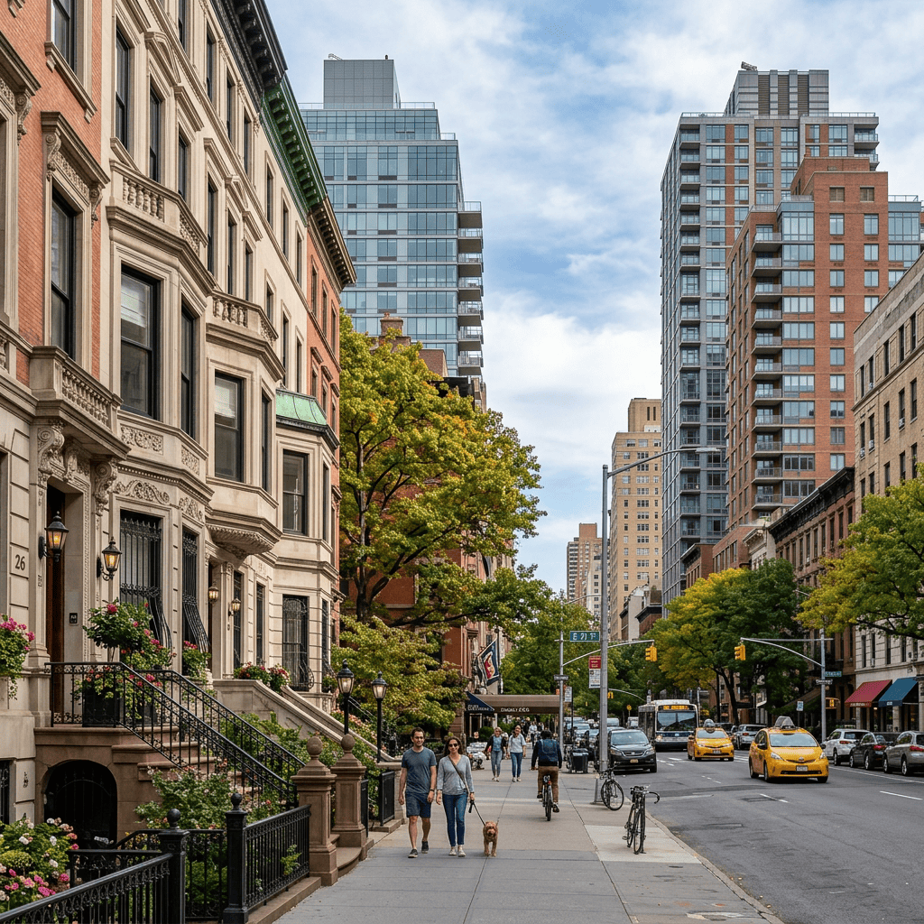 City avenue lined with historic townhouses, modern towers, pedestrians, and yellow taxis