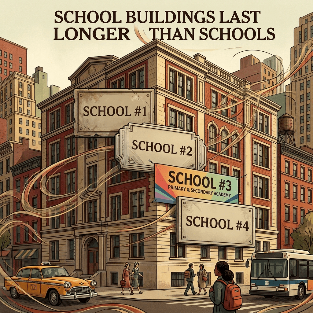 Illustration reading "SCHOOL BUILDINGS LAST LONGER THAN SCHOOLS" with signs for The High School of Commerce, Est. 1899; The Bronx High School of Science, 1938; LaGuardia! School of Music & Art and Performing Arts, 1984; and NYC Educational Partnership Charter School.