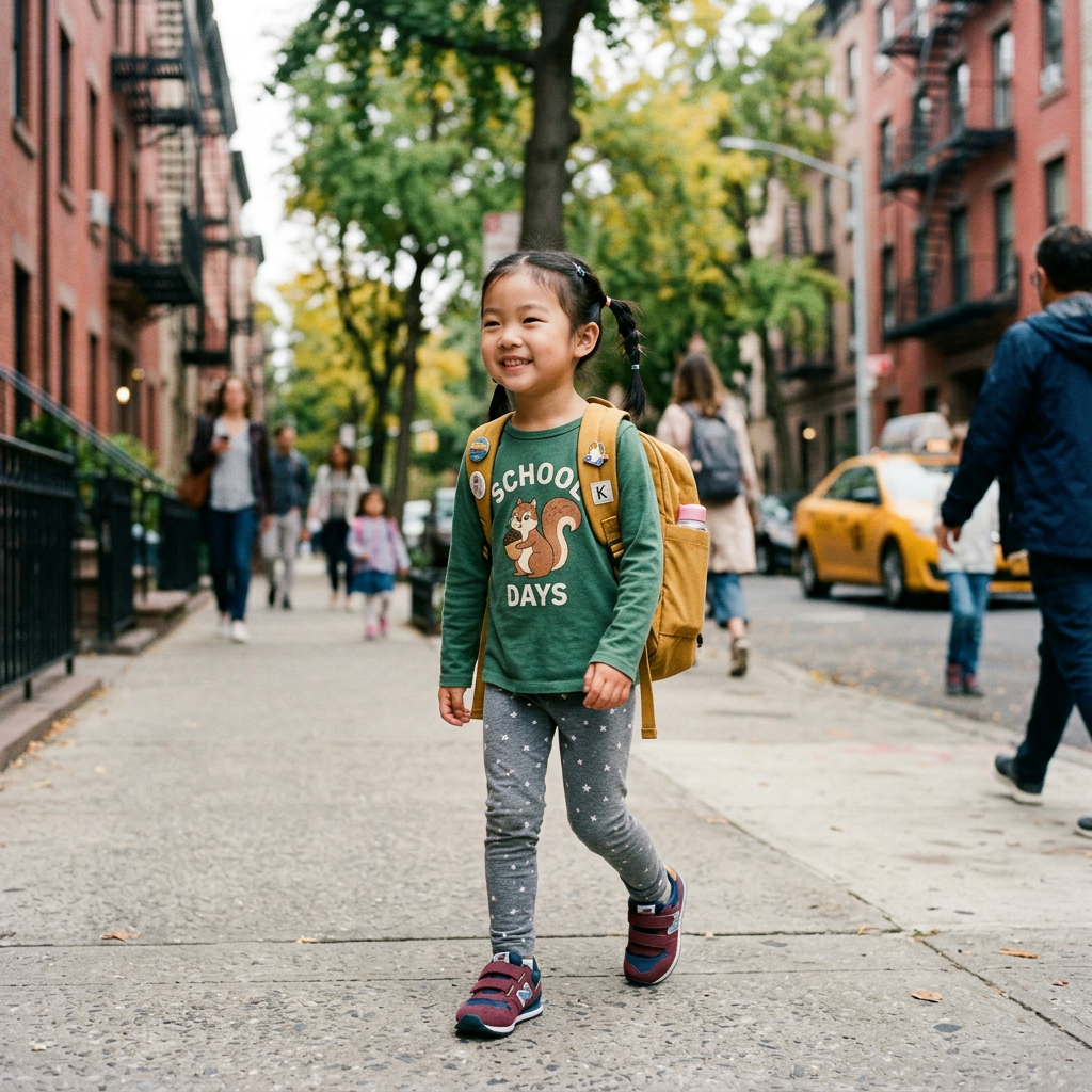 Smiling child with backpack walking along a city sidewalk