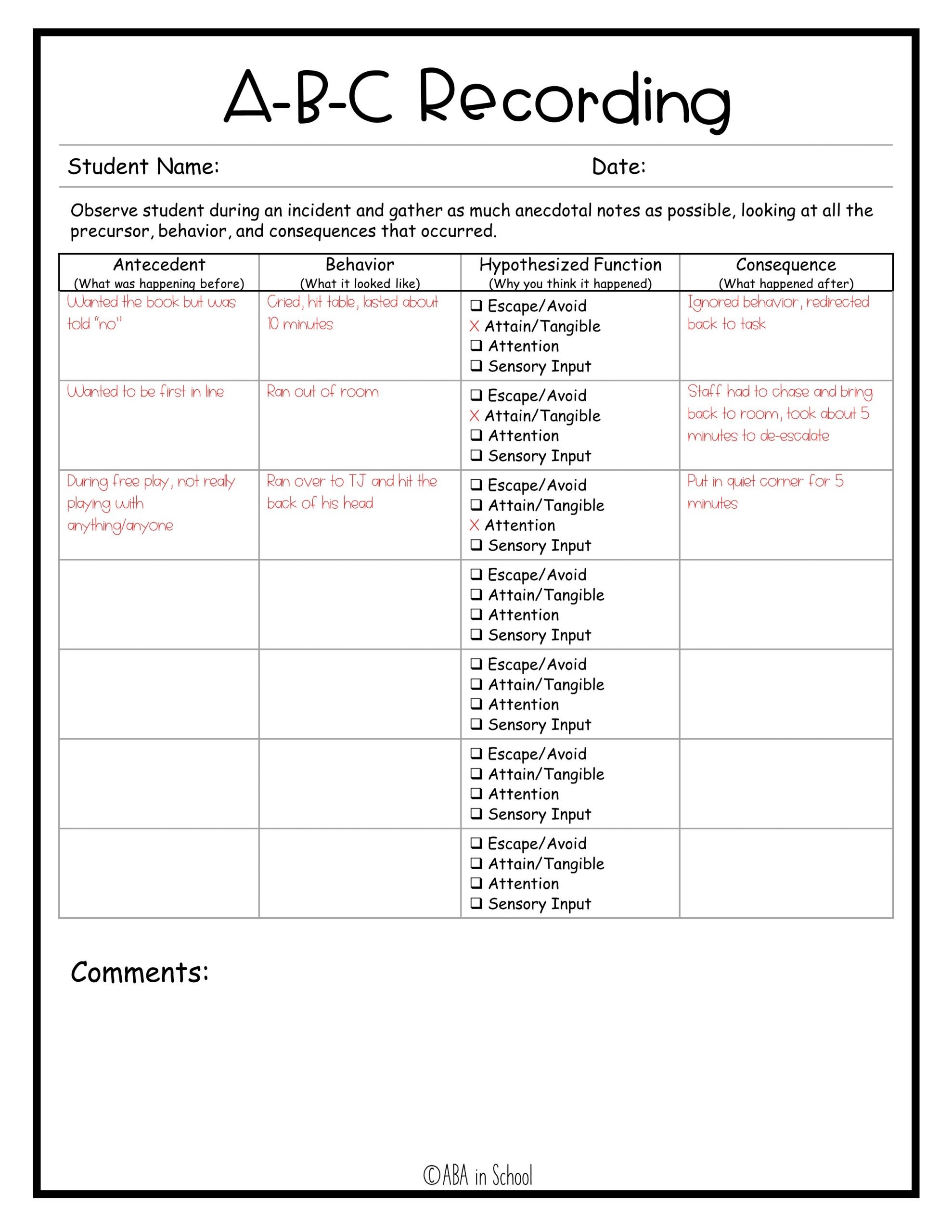 ABC data collection sheet