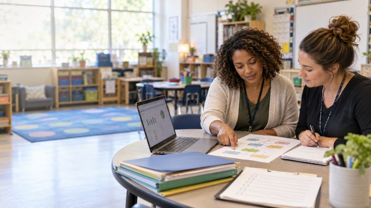 A school behavior specialist and teacher review a behavior support flowchart and caseload dashboard in a classroom.