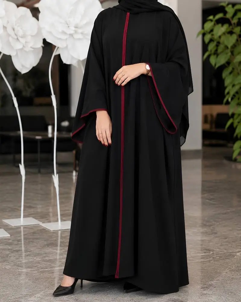 Elegant Black Abaya with Red Piping