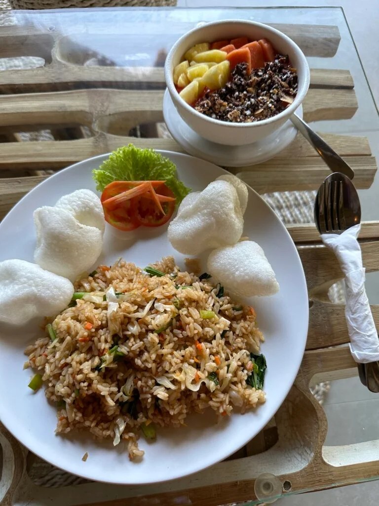 Fried rice with fruit smoothie bowl