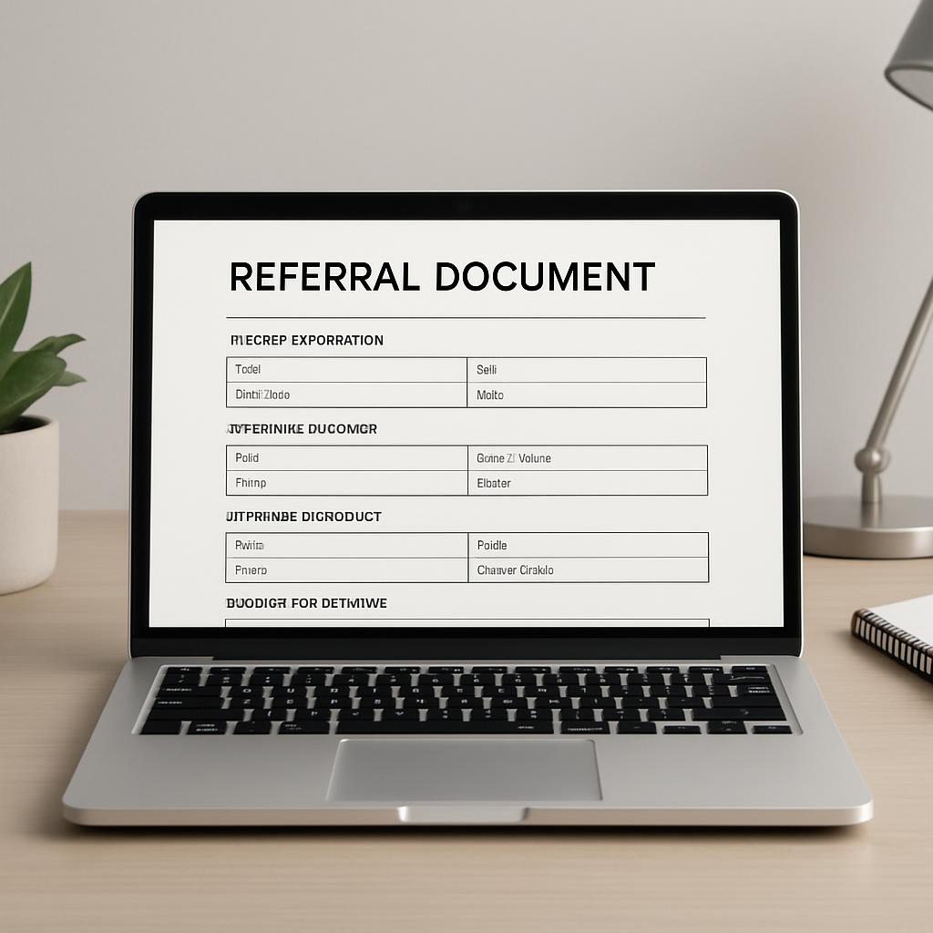 Laptop displaying a digital referral document on the screen.