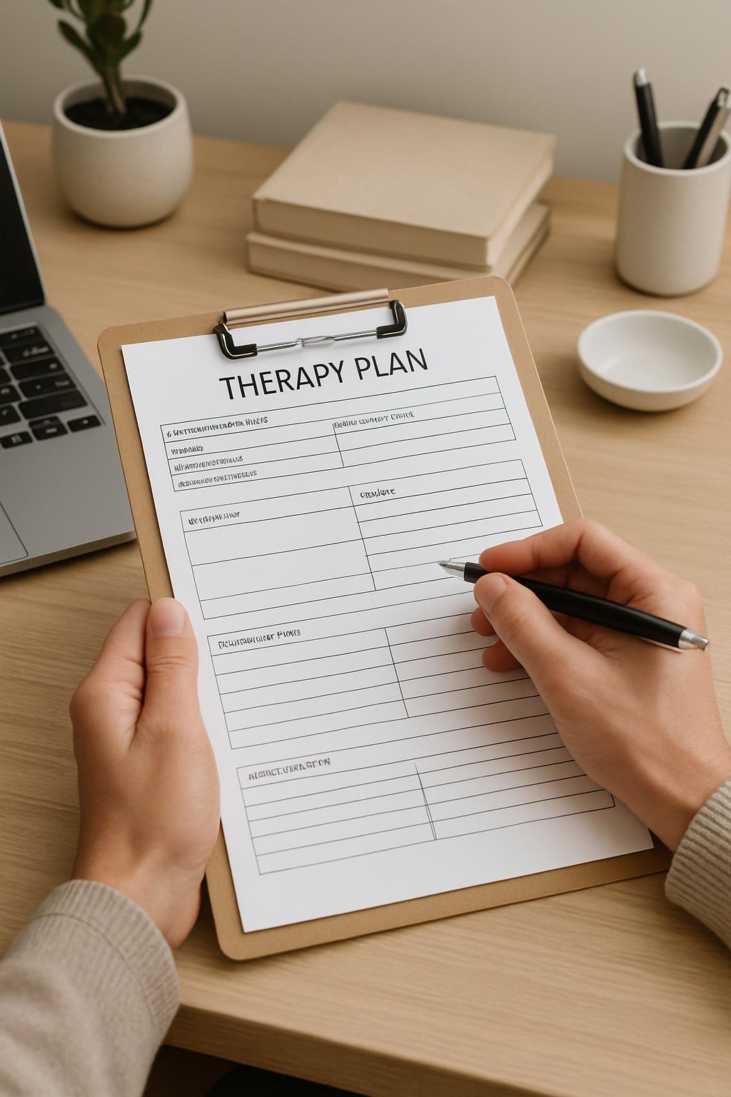 A person holding a clipboard with a therapy plan and writing on it, sitting at a desk with a laptop and other office suppl...