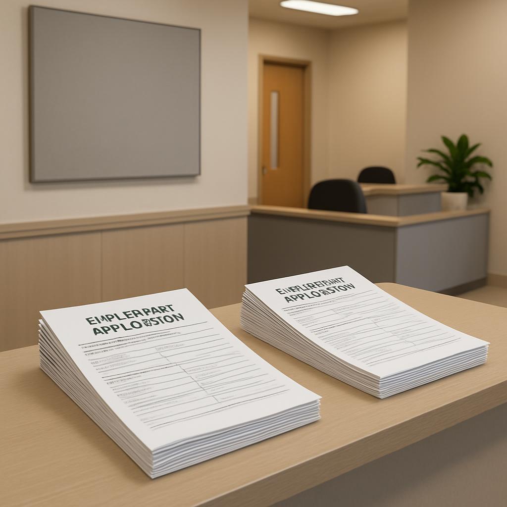 Piled applications with blurred text on a desk in a courthouse or court-like room.