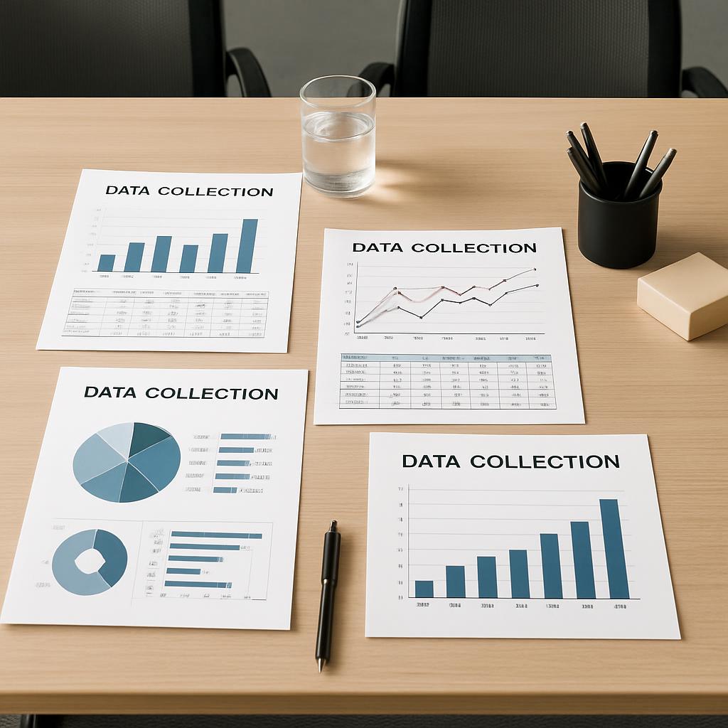 Four charts demonstrating different methods of data visualization lay on a light coloured furniture.