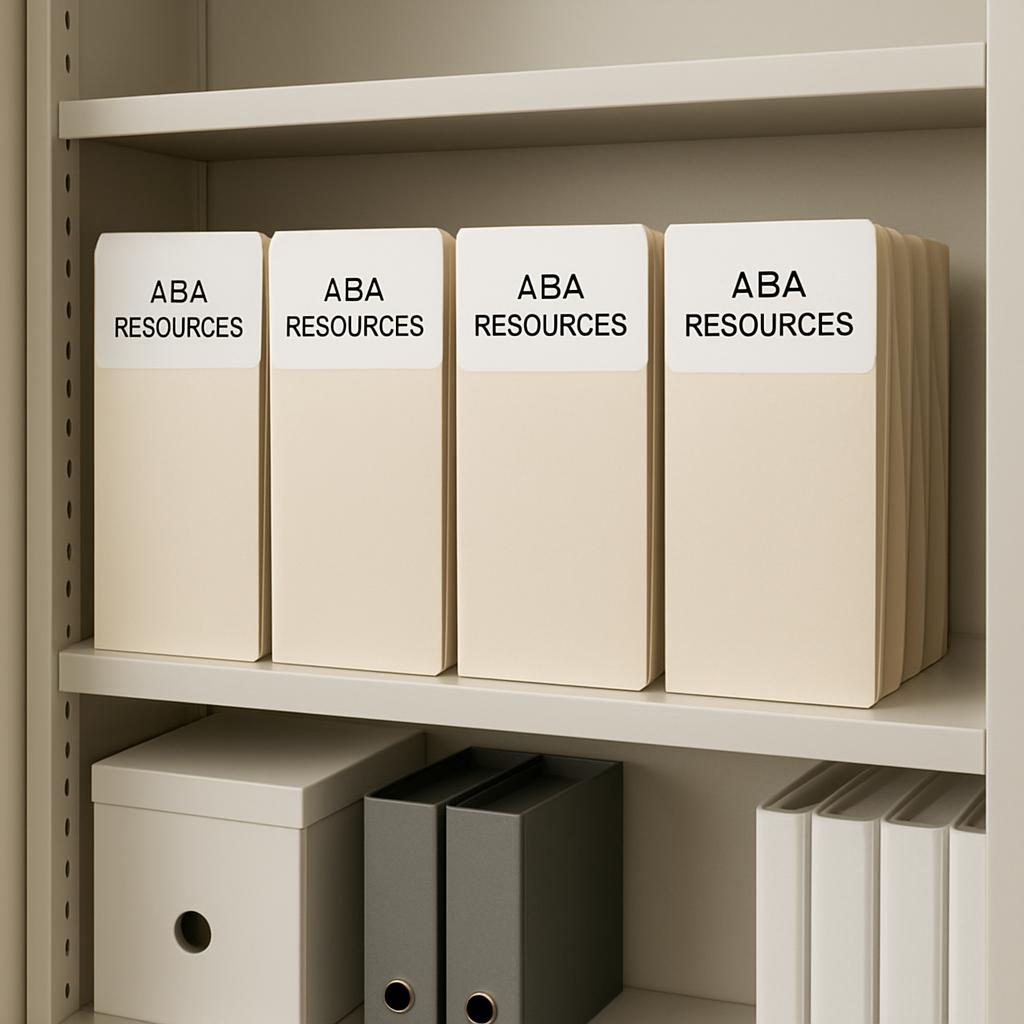 The image shows a white shelving unit with beige files labeled "ABA RESOURCES" on them.