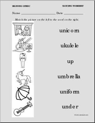 matching picture to word letter u prek 1 abcteach