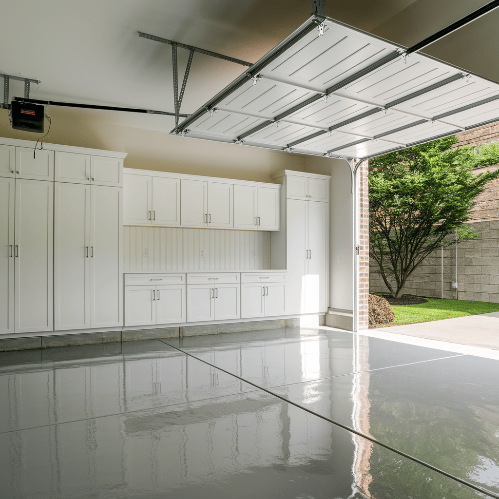 Bright garage with custom white cabinets and epoxy flooring for a modern, organized storage space.