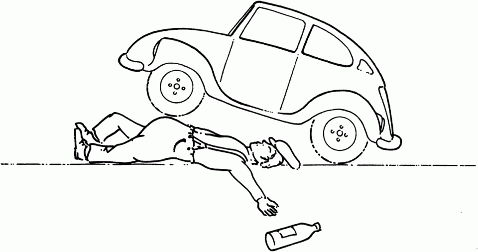Line drawing displaying a car with its front wheels on top of the body of a man (supine position).