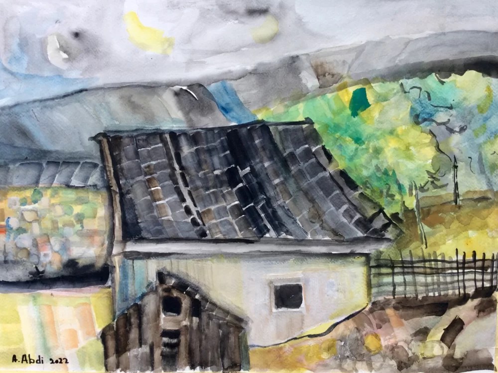An artwork by Abed Abdi from his Chokako collection, created at the picturesque wine growing village of Chokako during the summer of 2023.