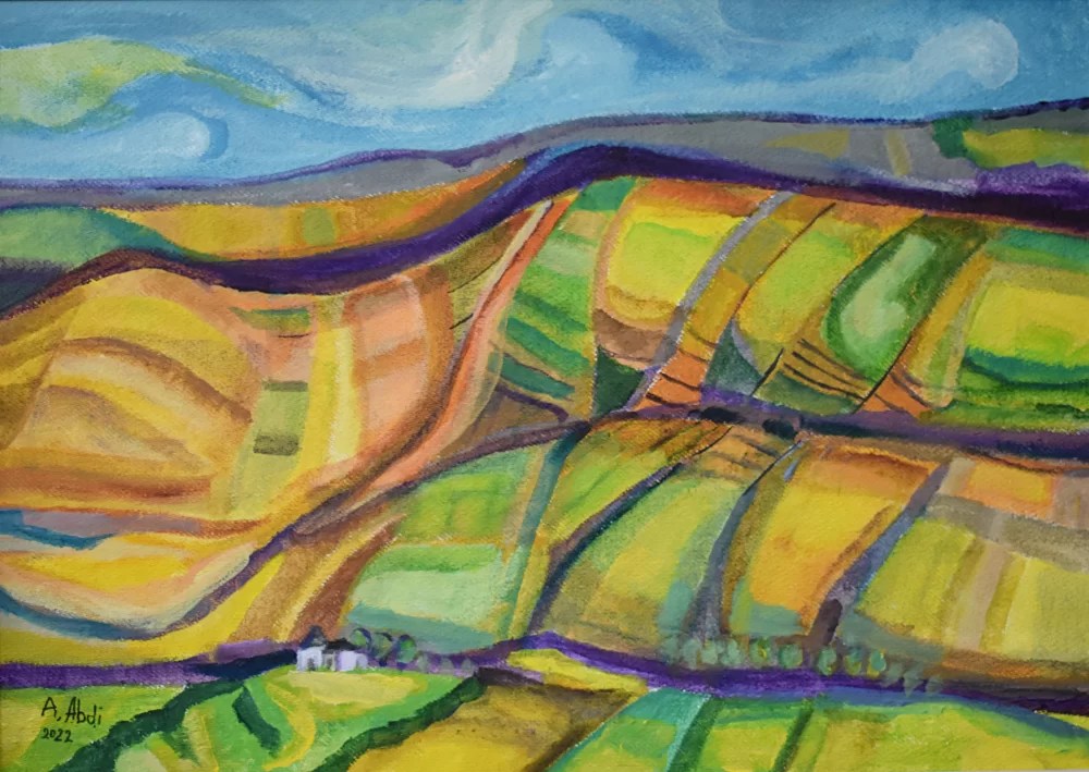 An artwork by Abed Abdi from his Chokako collection, created at the picturesque wine growing village of Chokako during the summer of 2022.