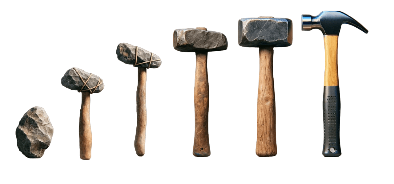 a picture that represents evolution of hammers starting from stone to the modern hammer
