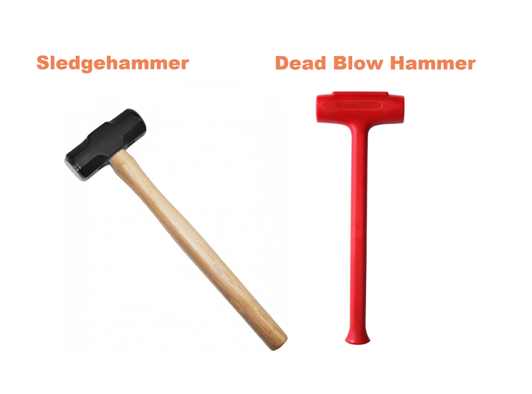 Picture showcases two different types of heavy duty hammers (sledgehammer and dead blow hammer)
