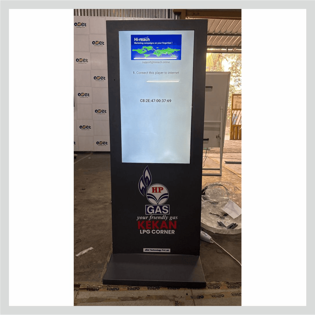 Digital signage kiosk for HP Gas displaying information, announcements, and branded digital content