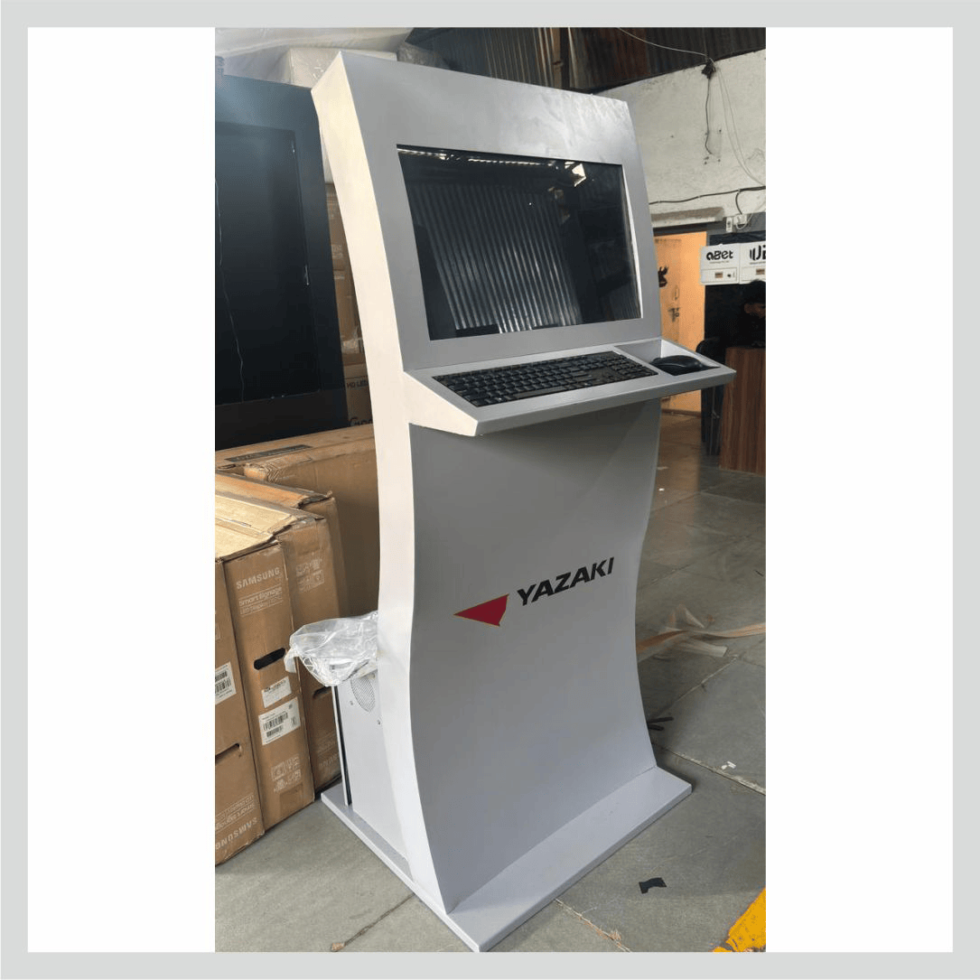 Billing kiosk with touchscreen display, keyboard, and mouse for convenient self-service billing