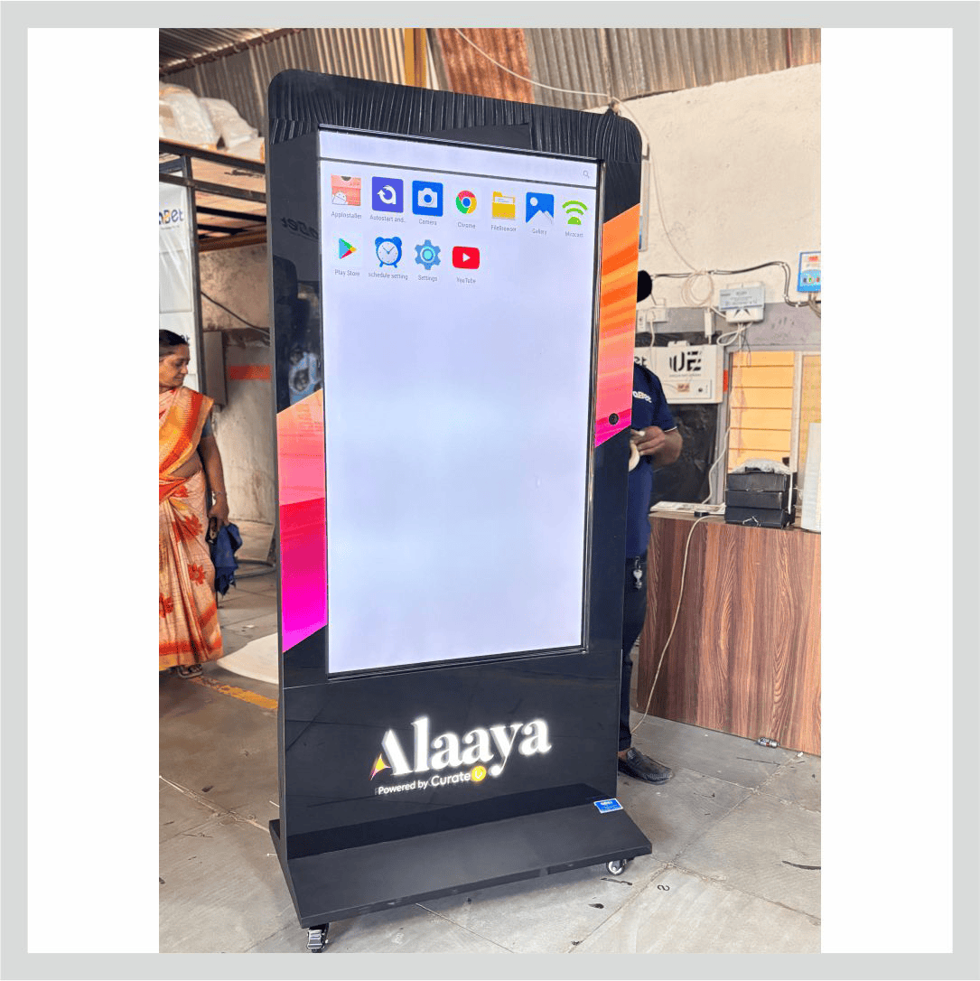 Non-interactive digital signage for Alaaya displaying promotions, information, and branded digital content