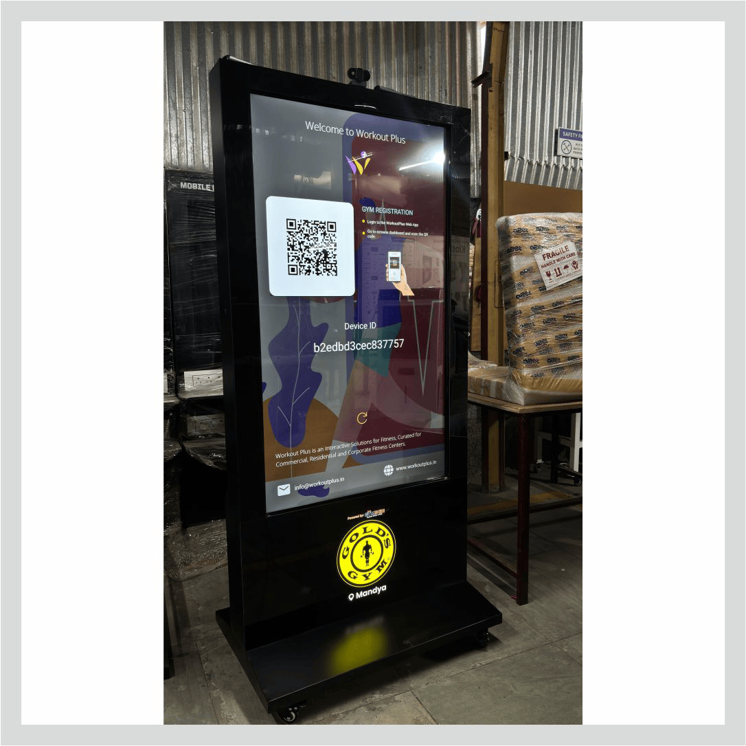 Digital signage standee for showrooms displaying promotions, products, advertisements, and digital information