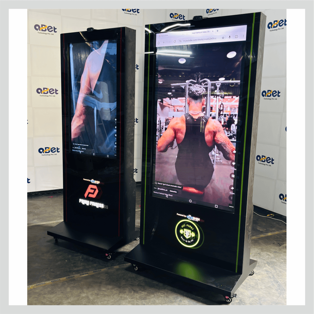 Digital signage kiosk for gym displaying fitness content, workout information, promotions, and member updates