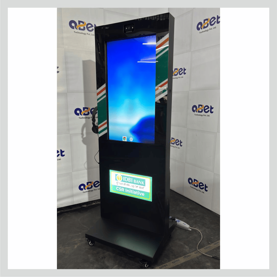 Touch screen kiosk for IDBI Bank providing interactive banking information and digital customer services