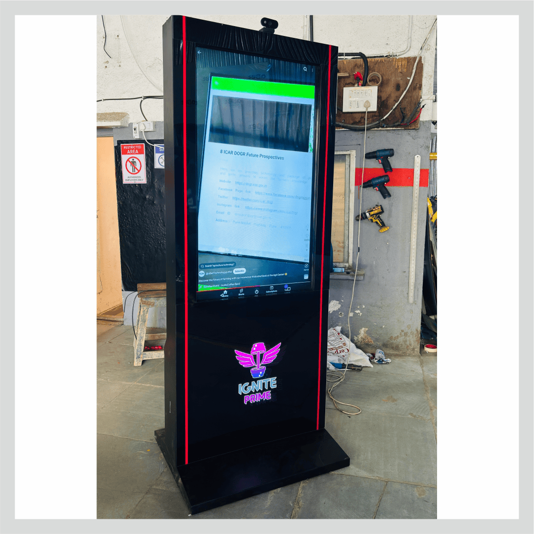 Digital signage kiosk for gym displaying fitness content, promotions, workout information, and member updates