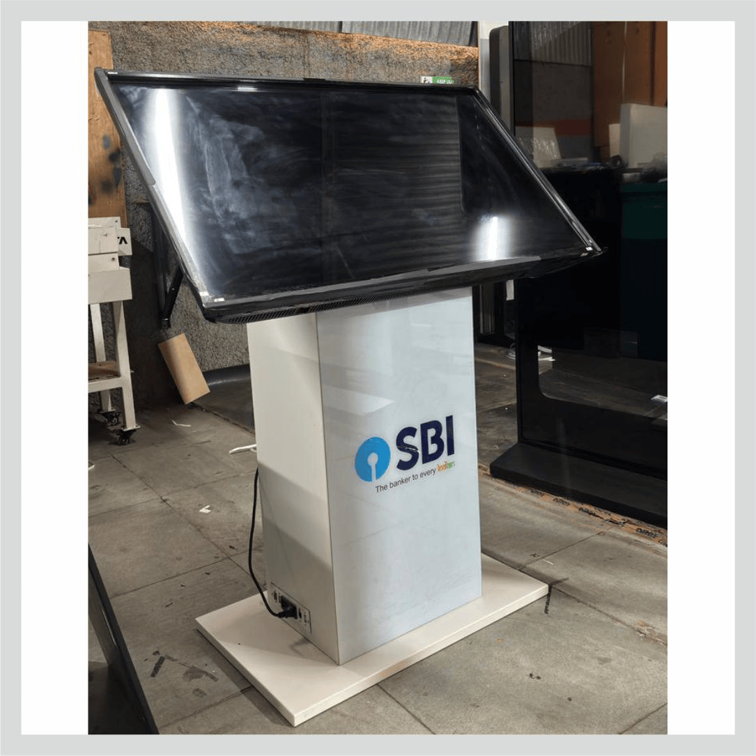 Welcome kiosk for SBI with interactive touchscreen display for visitor information and self-service