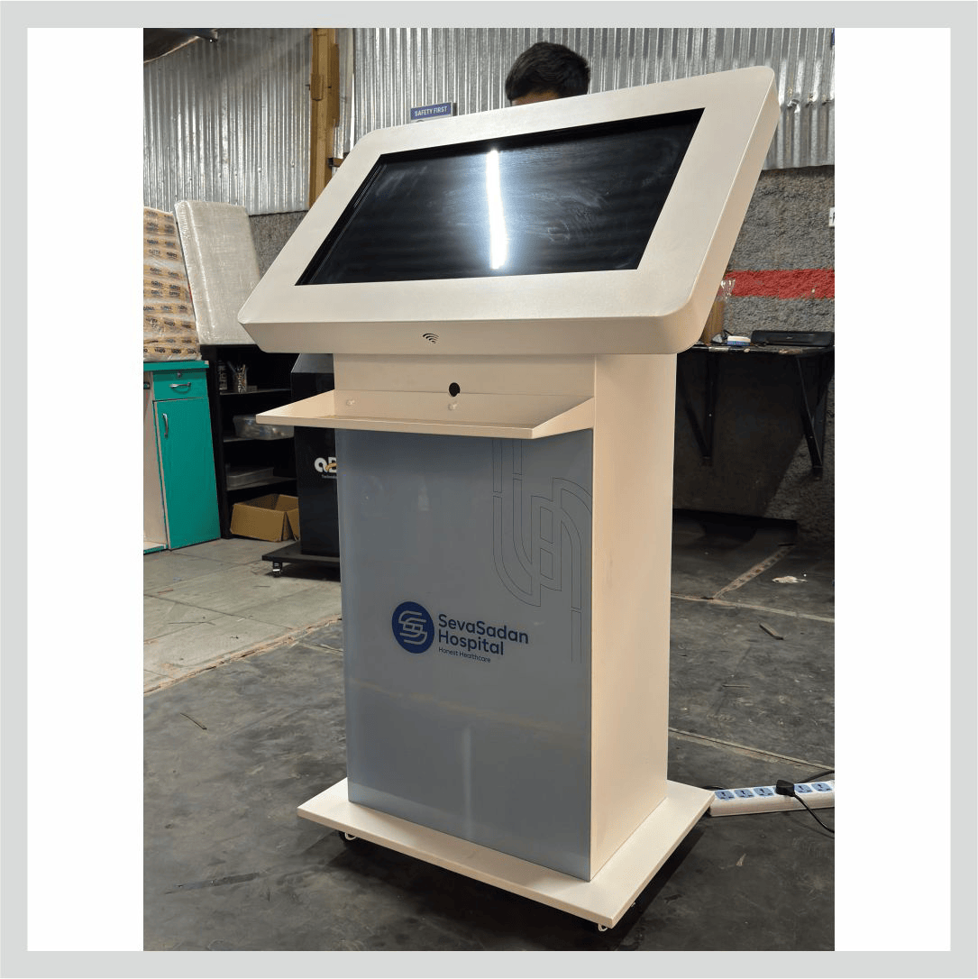 Welcome kiosk for hospitals with an interactive touchscreen for patient information and self-service