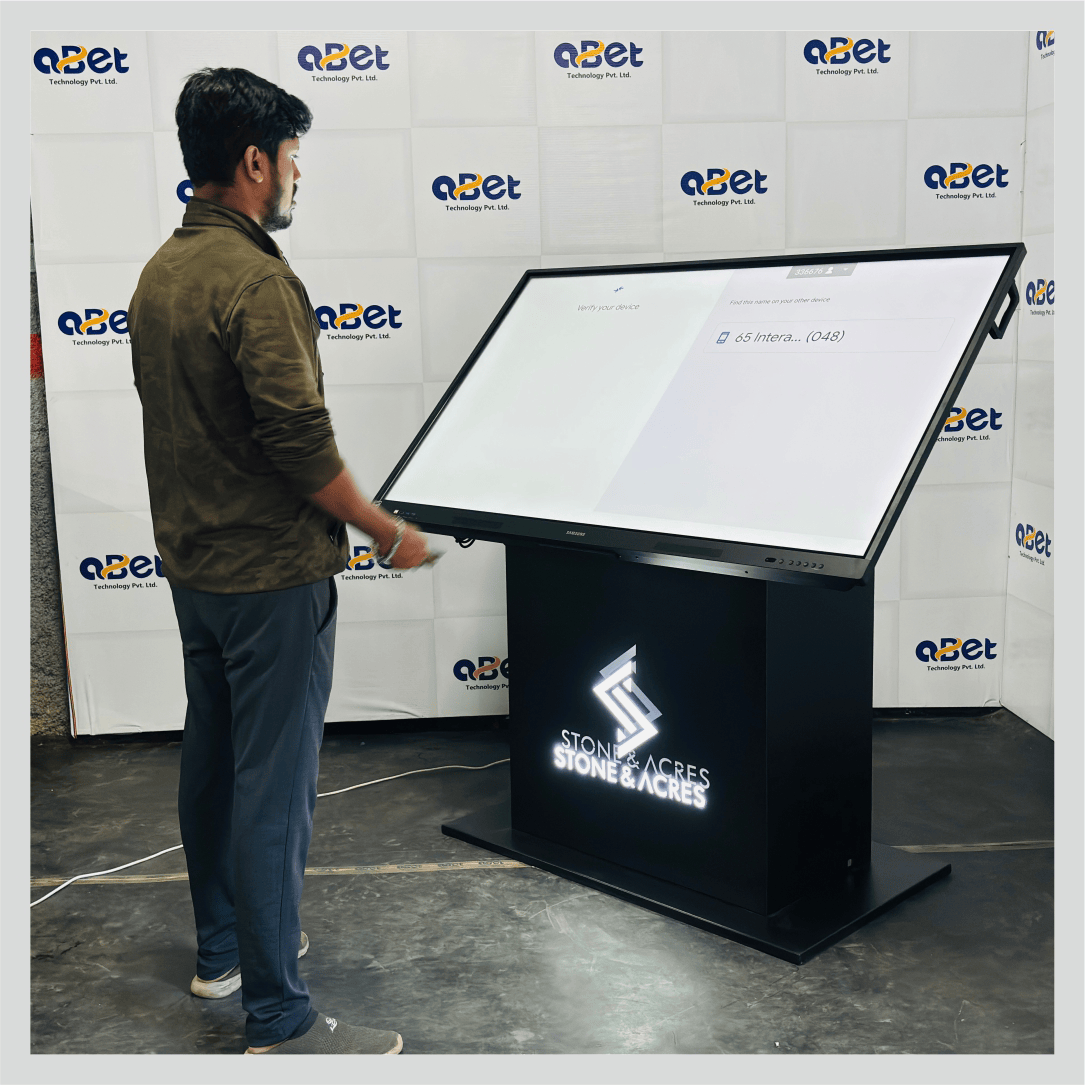 Welcome kiosk for Stone & Acres with an interactive touchscreen for visitor information, navigation, and digital engagement.