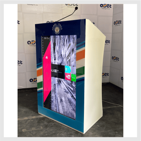 Podium kiosk with interactive touchscreen display for presentations and digital engagement