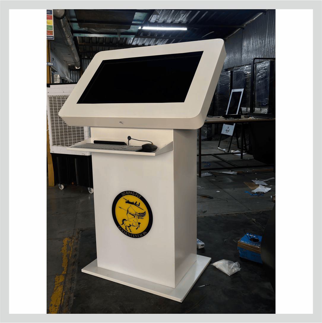 Welcome kiosk for shopping malls with an interactive touchscreen for visitor information and self-service