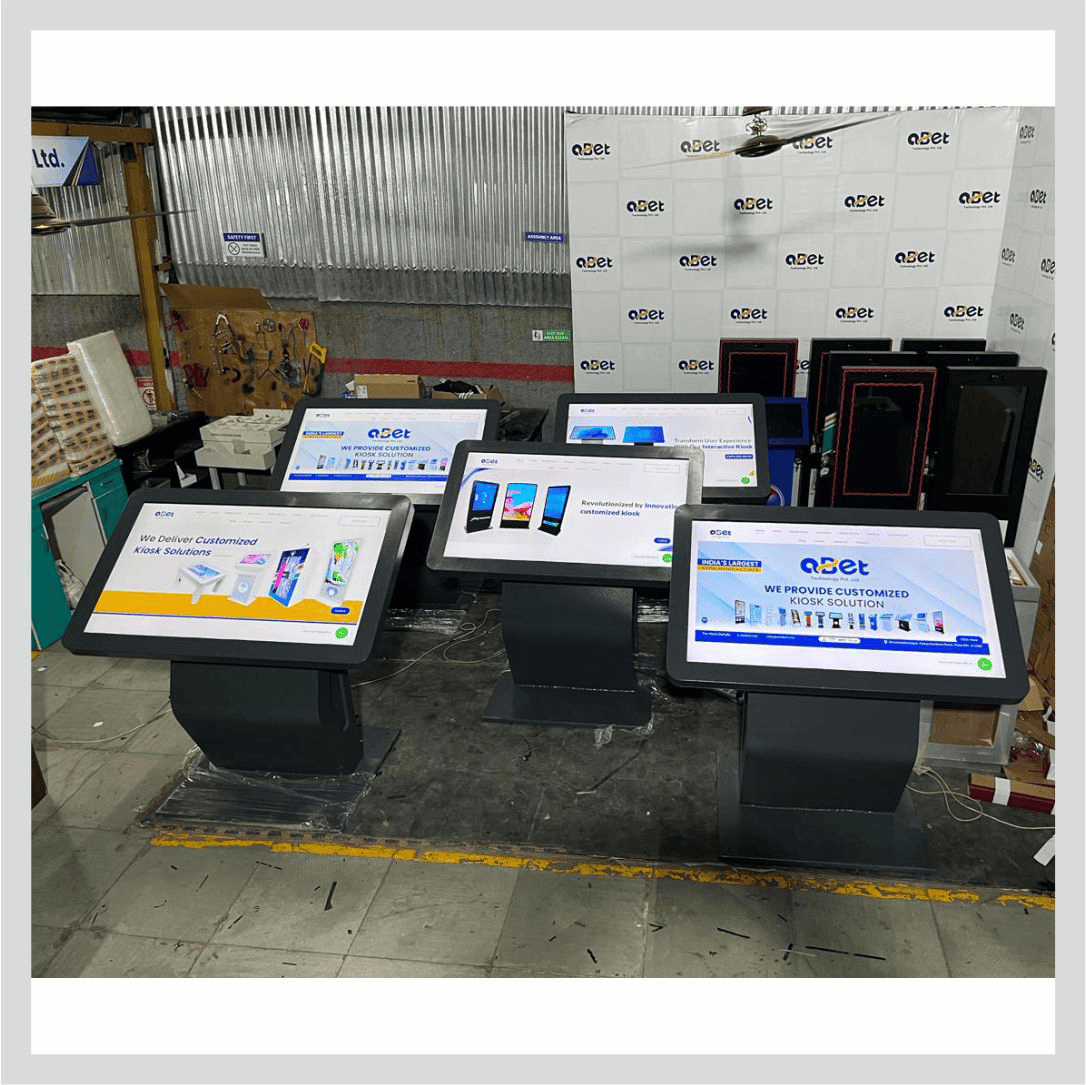 Welcome kiosk with interactive touchscreen display for visitor information and self-service
